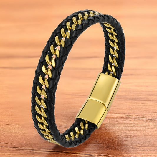 Gold Bracelet Men Genuine Leather Braided Rope Woven Fashion Trendy Charm Stainless Steel Magnet Bangles Jewelry Accessories