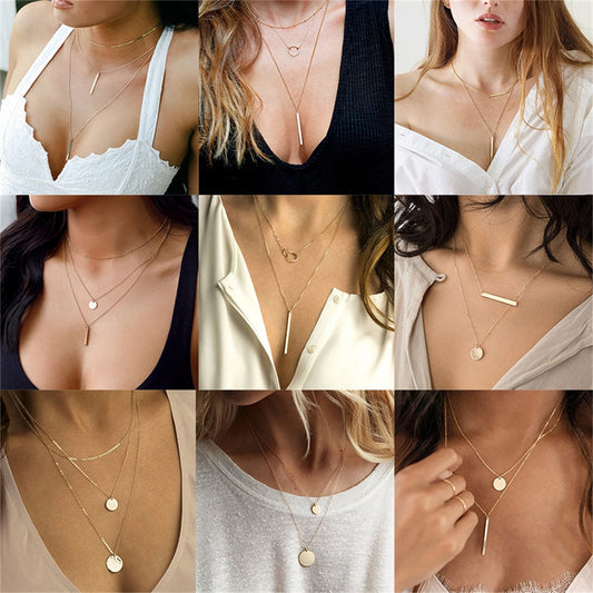 Fashion Multilevel Gold Simple Geometric Rectangle Round Sequin Pendant Necklace For Women Female Chain Collar Jewely Gift