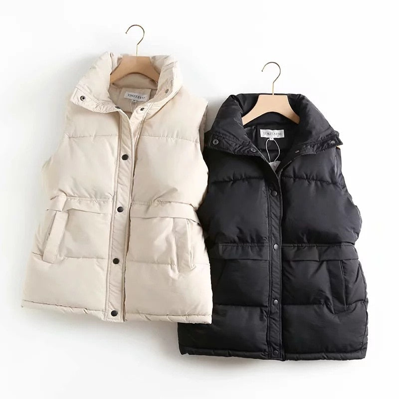 2022 Autumn Winter Women Solid Loose Vest Drawstring Stand Collar Long Vest Jacket Cotton Padded Women Windproof Warm Waistcoat