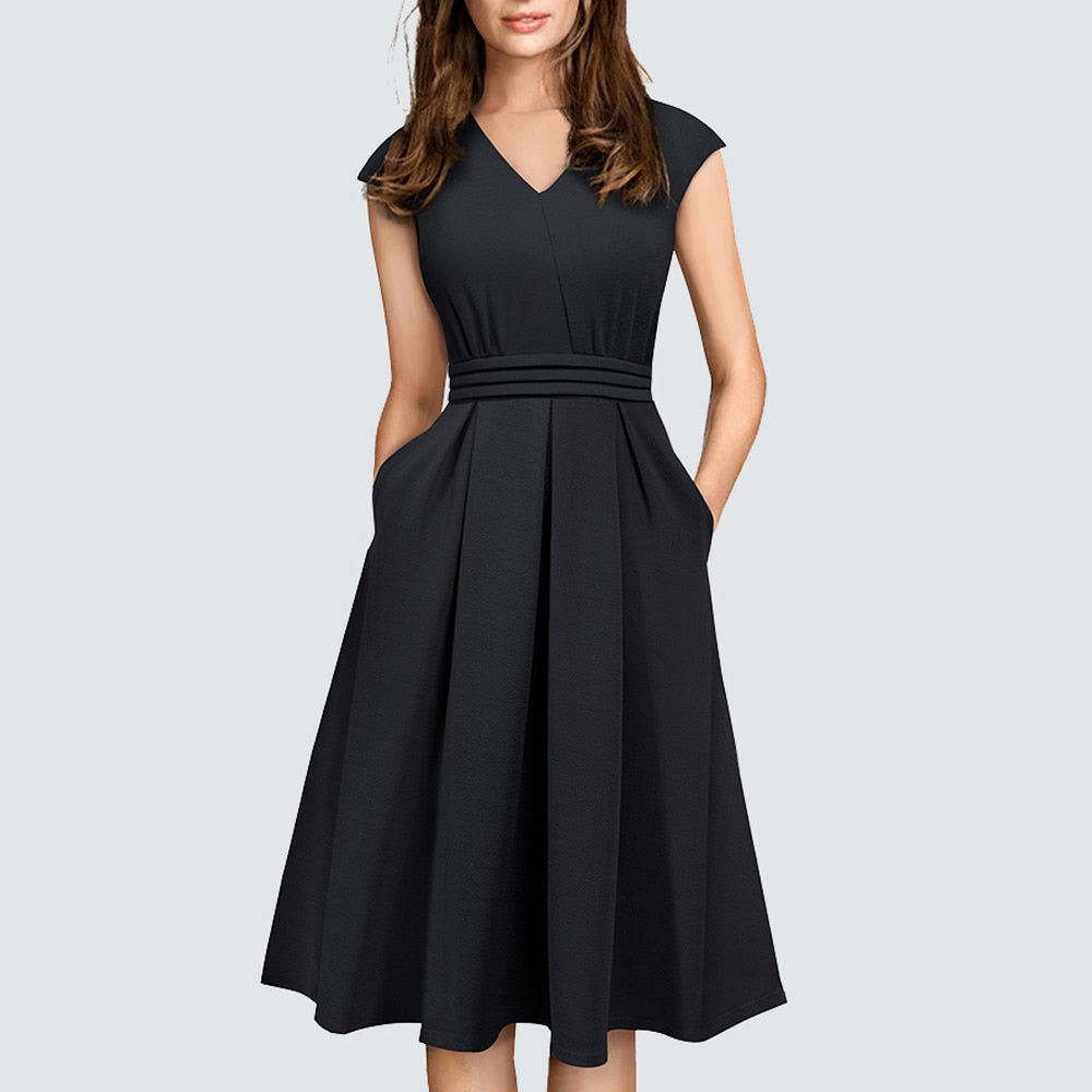 Spring Elegant Casual Brief Design V-Neck A-Line Vintage Side pocket Modern Dress HA196