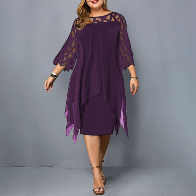 Plus Size Dresses 4XL 5XL 6XL Lace Mesh Sexy Elegant Midi Party Dress Red Black Green Purple Loose Hellow Women's Clothing 2021