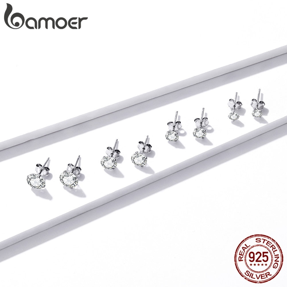 bamoer HOT SALE Basic Wedding Stud Earrings Solid Silver 925 Clear Cubic Zirconia Women Statement Earrings BSE166