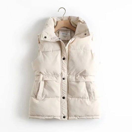 2022 Autumn Winter Women Solid Loose Vest Drawstring Stand Collar Long Vest Jacket Cotton Padded Women Windproof Warm Waistcoat