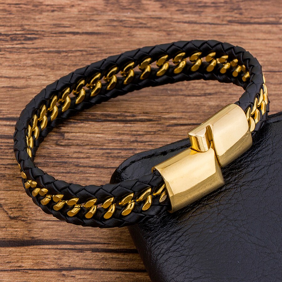 Gold Bracelet Men Genuine Leather Braided Rope Woven Fashion Trendy Charm Stainless Steel Magnet Bangles Jewelry Accessories