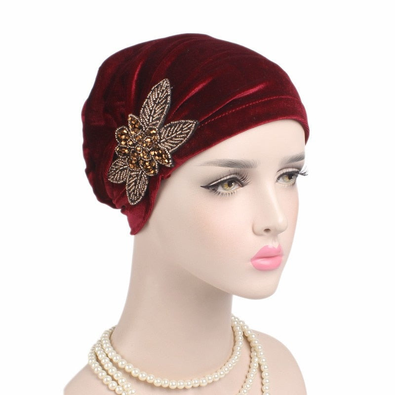 2020 New jewelry velvet turban caps muslim rhinestone hijab scarf bonnet women headband turbans islamic wrap head scarves