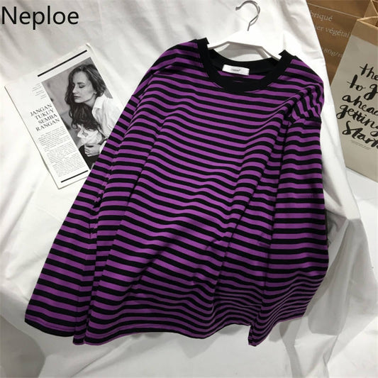 Neploe 2022 Autumn Striped Sweaters Medium-long Causal Pullovers Thin O-neck Top Korean Streetwear Plus Size Women Clothes