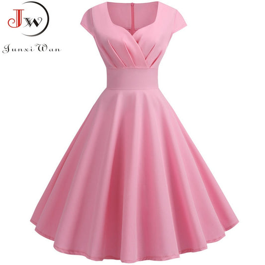 Pink Summer Dress Women V Neck Big Swing Vintage Dress Robe Femme Elegant Retro pin up Party Office Midi Dresses Plus Size