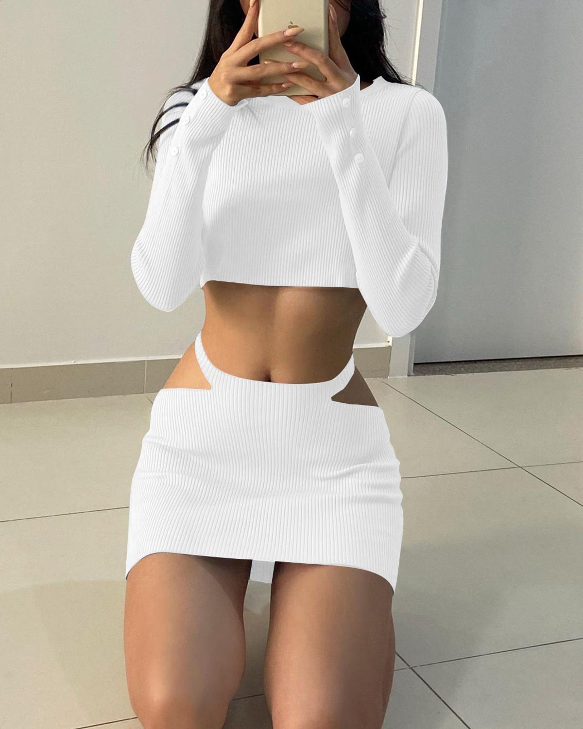 Dulzura ribbed hollow out women 2 piece set crop top long sleeve button mini skirt bodycon sexy streetwear autumn winter co ords