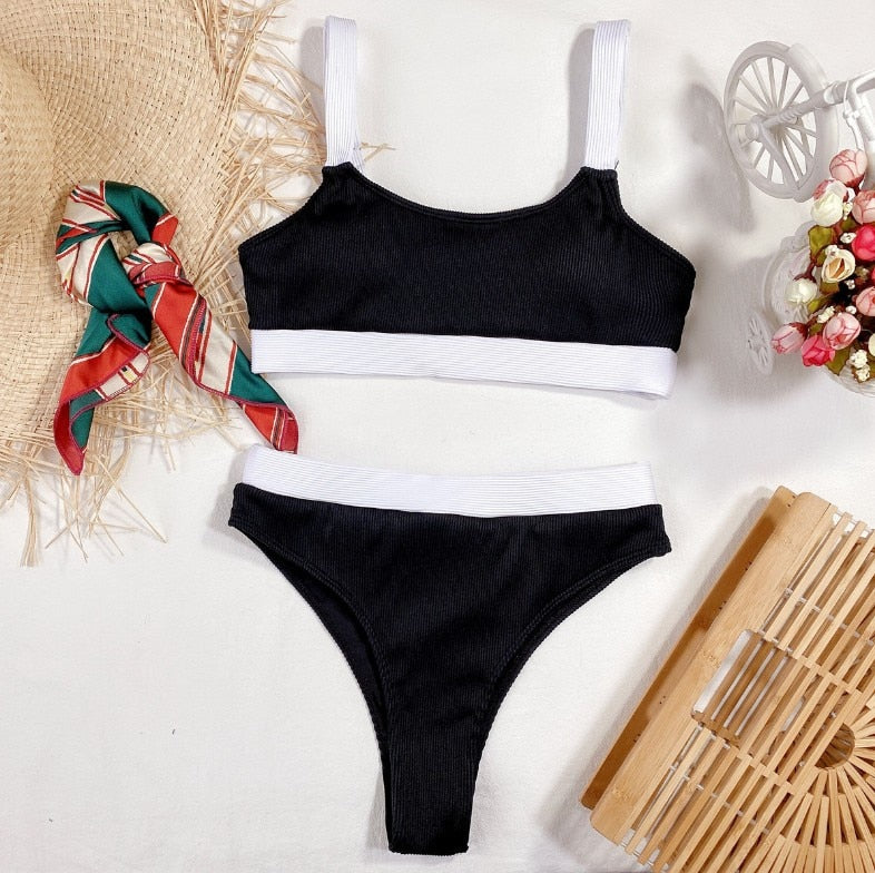 High Waist Bikinis 2021 Swimsuits Bandeau Swimwear Women Splicing Biquini Beachwear Sports Ribbed Bathing Suits New 238
