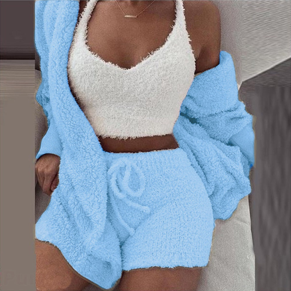 2PC/3PCS Pajama Set Women Sexy Fluffy Suit Velvet Plush Robe Set Soft Warm Sleeveless Sweater Loungewear Pijamas Mujer Sleepwear