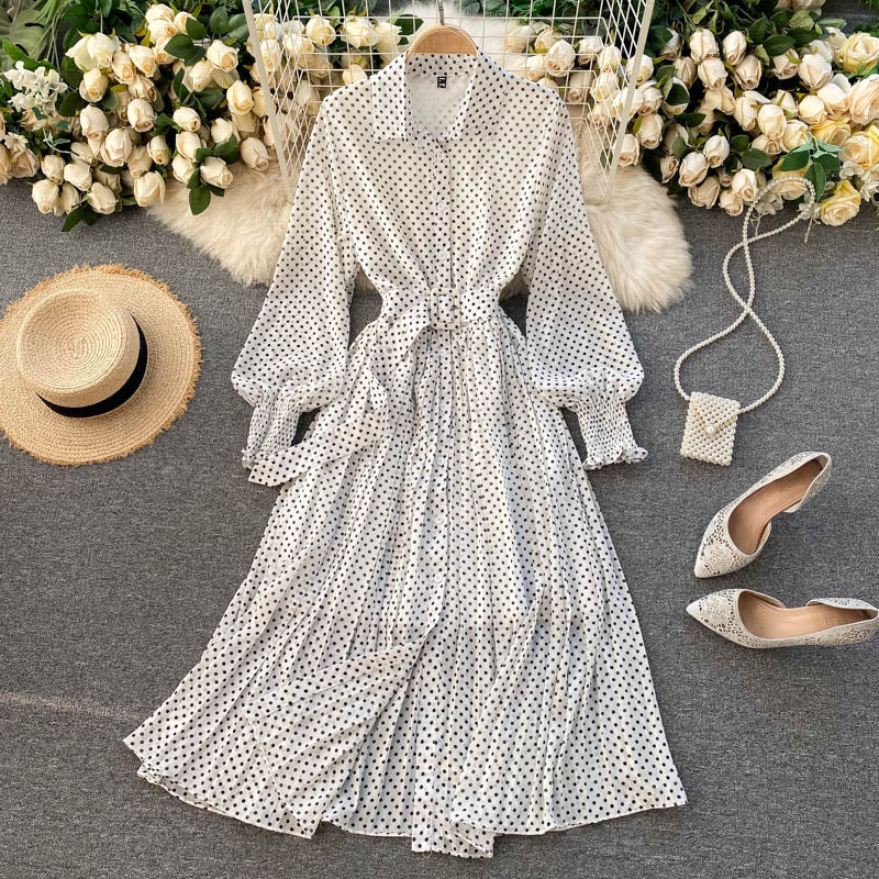 Spring And Summer French Vintage Maxi Dress 2021 Sundress Ladies Long Sleeve Orange Polka Dot Chiffon Pleated Dresses Femme Robe