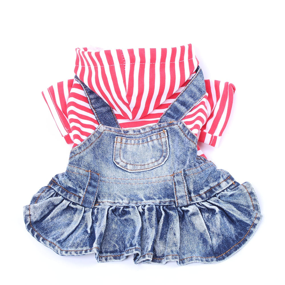 Jean Dog Dress Coat Striped&Pocket Pet Denim Jacket For Girl Dogs Cats Small Medium Large