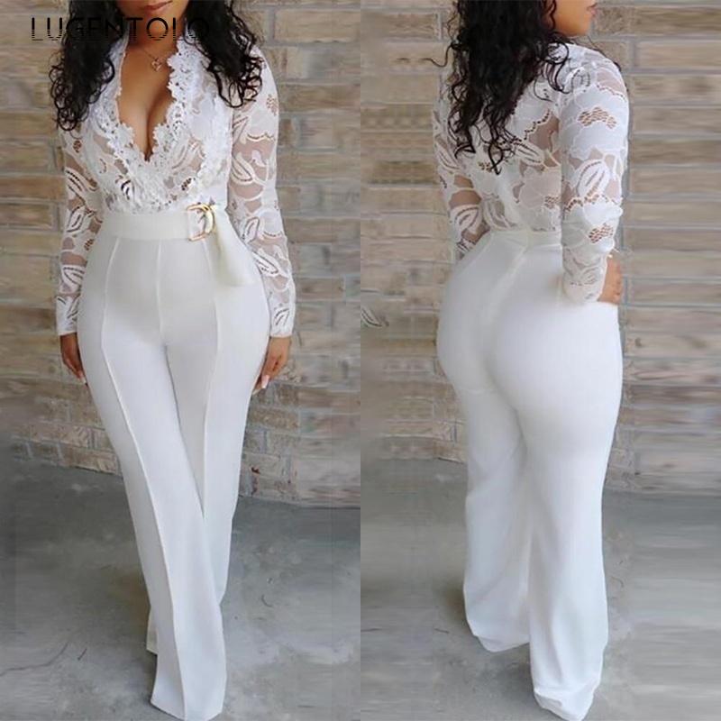 White Jumpsuit Women Lace Stitching Long Sleeve V-neck Plus Size Wide Leg Long Pants Office Lady Jumpsuits for Women Lugentolo