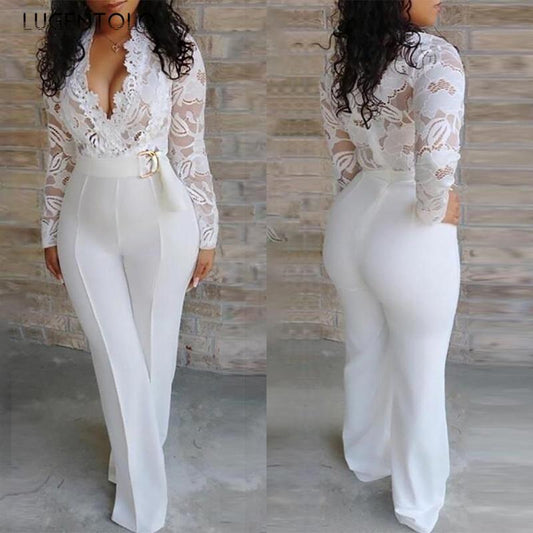 White Jumpsuit Women Lace Stitching Long Sleeve V-neck Plus Size Wide Leg Long Pants Office Lady Jumpsuits for Women Lugentolo