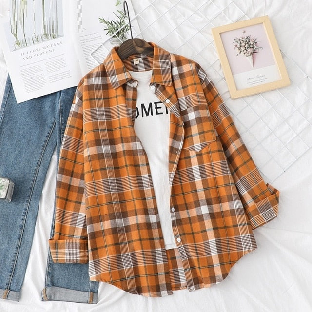 Tangada Women Oversized Plaid Print Boyfriend Style Shirt Long Sleeve Chic Female Casual Loose Shirt BAO4