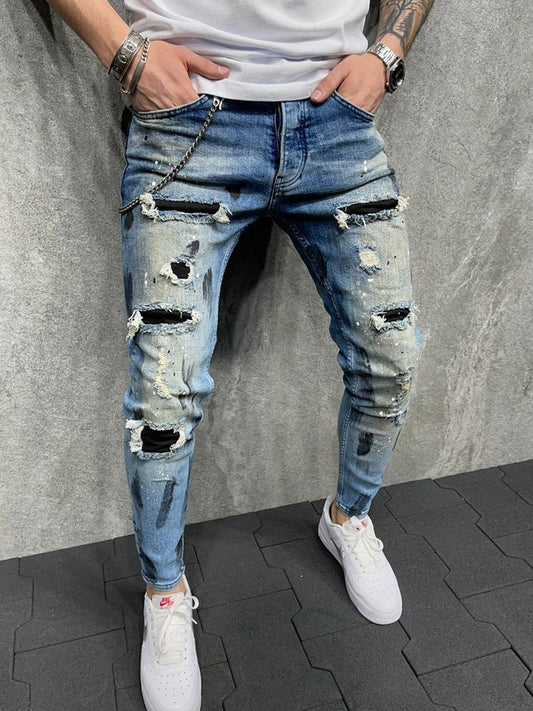 Paint Ripped Jeans Men's Jeans Sweatpants Sexy Hole Pants Casual Male Skinny Trousers Slim Biker Outwears Pants European Size