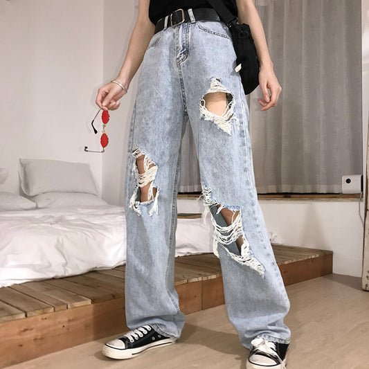 2020 New High Waist Ripped Jeans Women's hip hop Loose Jeans 5XL Women Pants Vintage Female Torn Trousers Streetwear KZ69