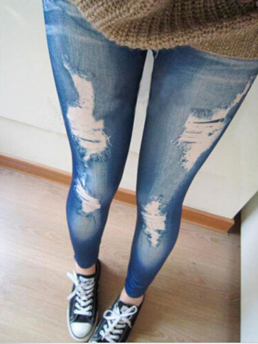 Women Leggings Fashion Destroyed Leggings Jeans Look Jeggings Stretch Skinny Laddy Jeans Black/Blue