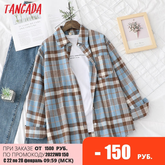 Tangada Women Oversized Plaid Print Boyfriend Style Shirt Long Sleeve Chic Female Casual Loose Shirt BAO4