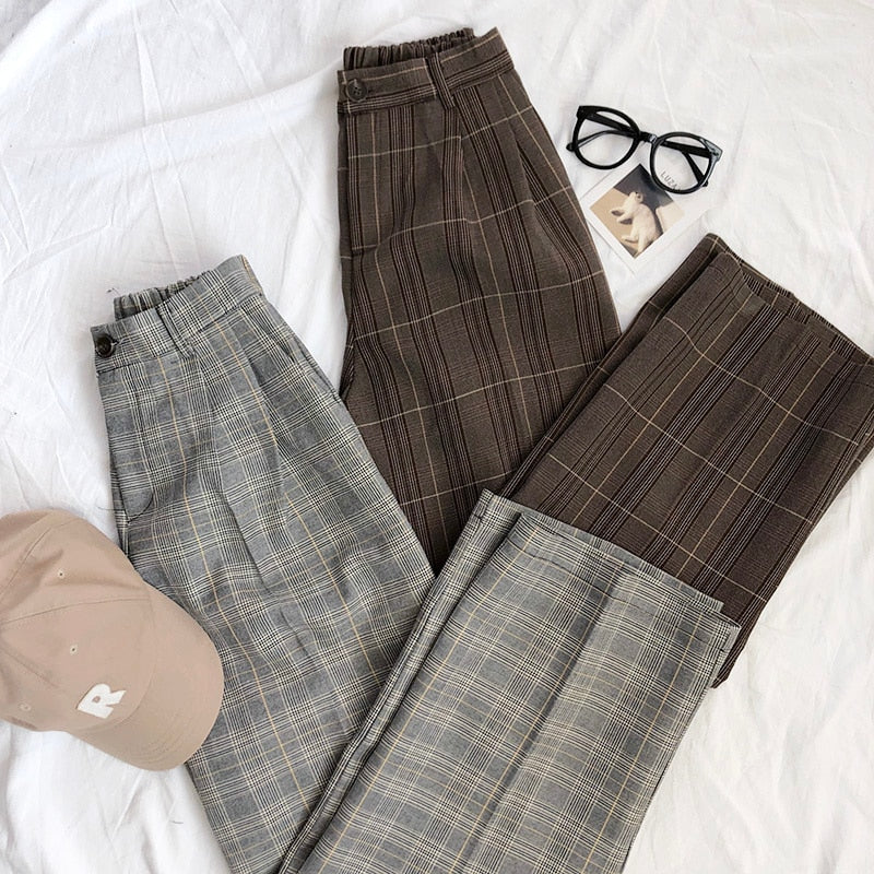 Mooirue Spring Women Pants Plaid High Waist Dropping Feeling High Waist Wide Leg Long Suit  Pants