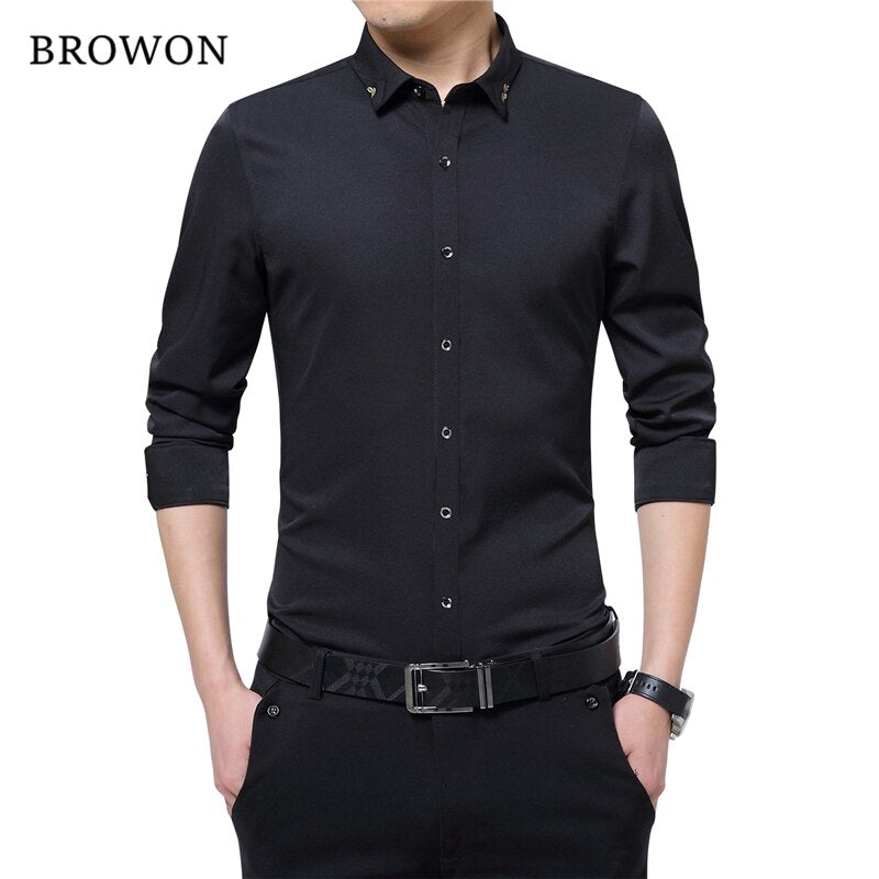 BROWON Brand Silky Formal Shirt Men Classic Business Long Sleeve Solid Color Embroidery Collar Slim Fit Shirt Brand-clothing