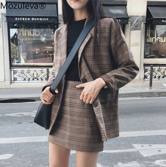 Mozuleva 2022 Retro Plaid Blazer Set Single-breasted Jacket &amp; Pencil Skirt 2 Pieces Skirt Suit Female Office Ladies Blazer Suit