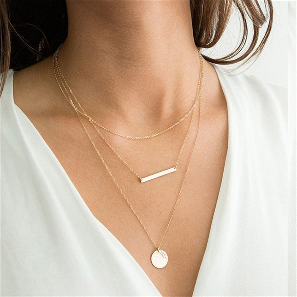Fashion Multilevel Gold Simple Geometric Rectangle Round Sequin Pendant Necklace For Women Female Chain Collar Jewely Gift