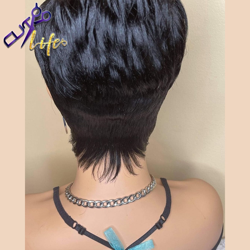 Beauty Short Bob Wavy Wig With Bangs Full Machine No Lace Wigs For Women Brazilian Cheap Remy Straight Human Hair Pixie Cut Wig