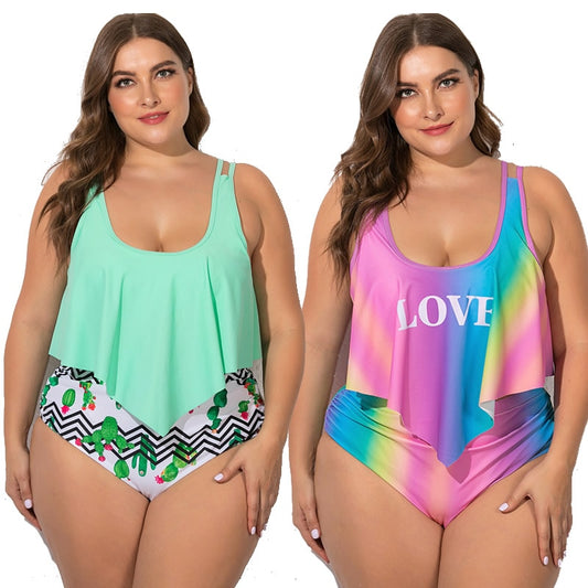 2021 Summer Plus Size Two Pieces Women&#39;s Bikinis Set Cactus/Letter Printed Ruffle Big Swimsuit Large Female Swimming Suits 5XL