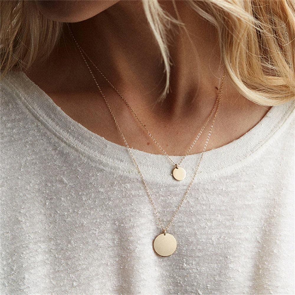 Fashion Multilevel Gold Simple Geometric Rectangle Round Sequin Pendant Necklace For Women Female Chain Collar Jewely Gift