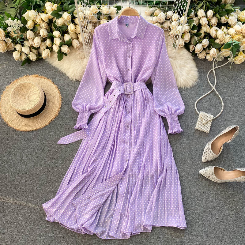 Spring And Summer French Vintage Maxi Dress 2021 Sundress Ladies Long Sleeve Orange Polka Dot Chiffon Pleated Dresses Femme Robe