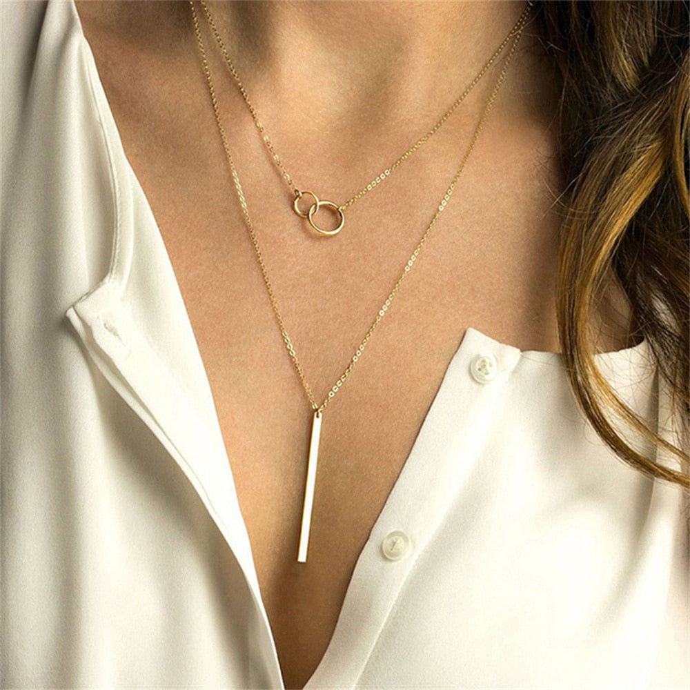 Fashion Multilevel Gold Simple Geometric Rectangle Round Sequin Pendant Necklace For Women Female Chain Collar Jewely Gift