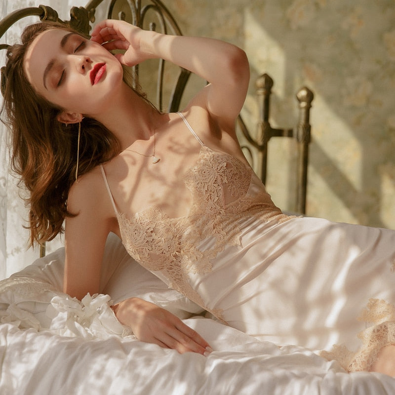 Women Silk Sleepwear Sexy Lingerie Backless Bandage Split Nightgowns Temptation Viscose Fiber Hot Strap Nightdress Female Summer