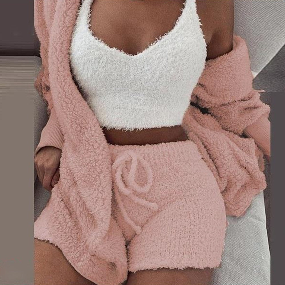 2PC/3PCS Pajama Set Women Sexy Fluffy Suit Velvet Plush Robe Set Soft Warm Sleeveless Sweater Loungewear Pijamas Mujer Sleepwear