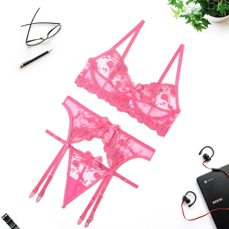 Floral Embroidery Sexy Lingerie Set Women Thin Transparent Bralette Lace Push Up Bra Garters 3 Piece Sensual Lingerie Woman Set