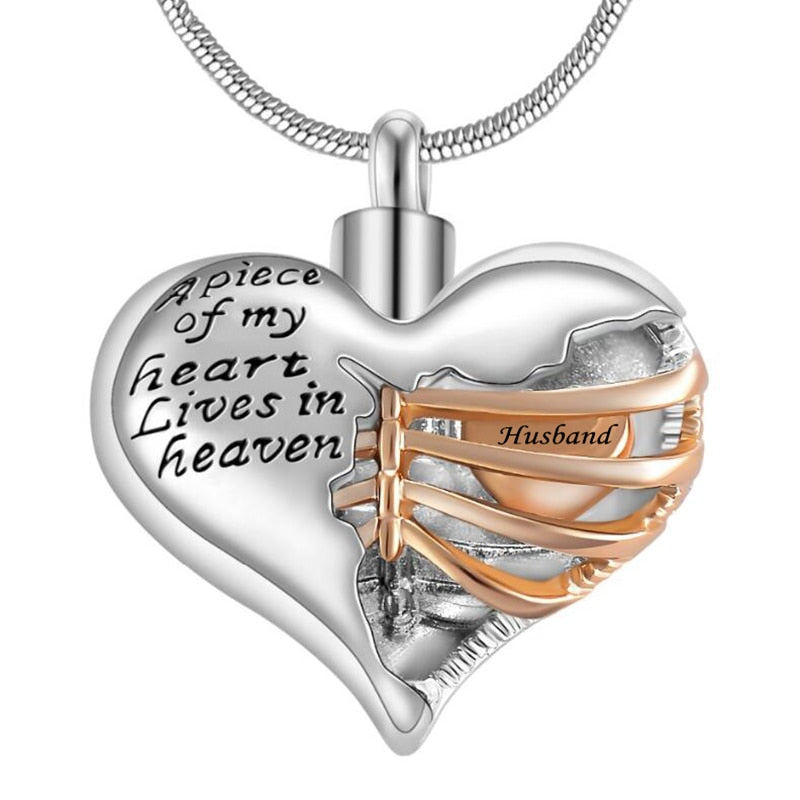 A piece of my heart lives in heaven Two Tone Locket Heart cremation memorial ashes urn necklace jewelry keepsake pendant