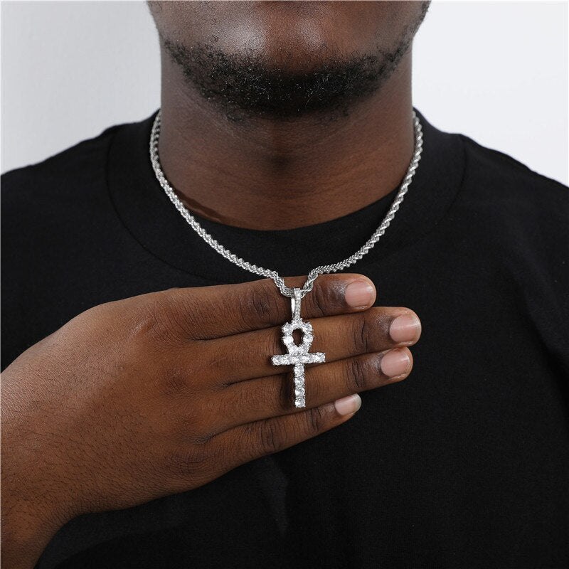 D&Z White Gold Ankh Pendant Iced Out CZ Stones Mens Micro Paved AAA CZ Hip Hop Gold Silver Color Charm Chains Jewelry Gift