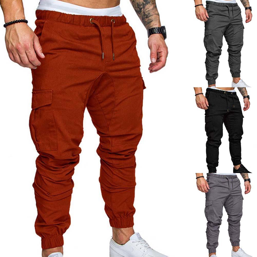 Men Casual Pants Plus Size Men Solid Color Multi Pocket Drawstring Ankle Tie Cargo Pants Trousers Summer Hottest Weight Pants