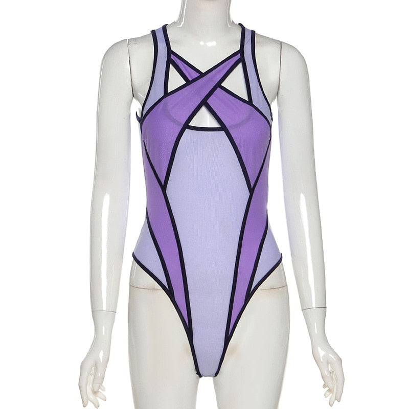 ZHYMIHRE See Through Mesh Hollow Out Bodysuit Women 2021 Summer Purple Patchwork Bodys Sexy Swimwear Female Festival Outfit