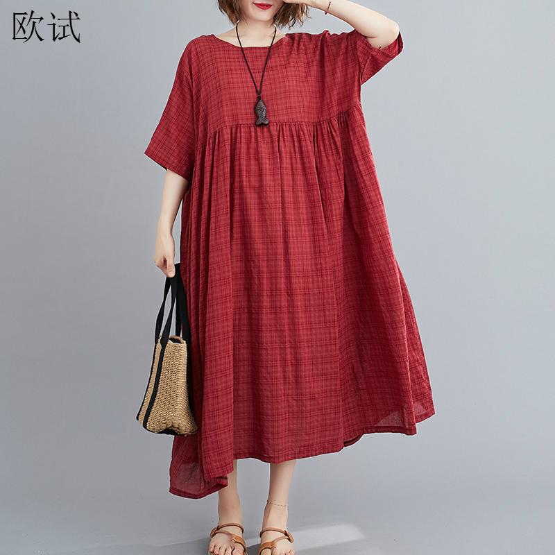 Plus Size Plaid Casual Cotton Summer Dress Women Oversized Vintage 4XL 5XL 6XL Ladies Dresses Robe Femme Beach Woman Dress 2021