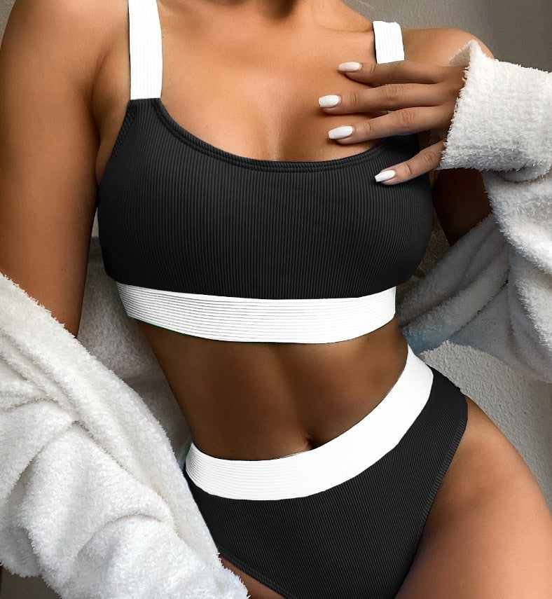 High Waist Bikinis 2021 Swimsuits Bandeau Swimwear Women Splicing Biquini Beachwear Sports Ribbed Bathing Suits New 238