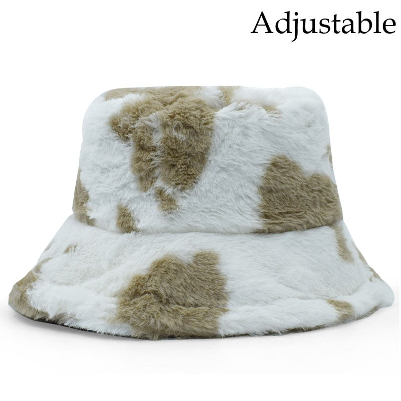 Winter Cow Leopard Faux Fur Fluffy Bucket Hats Women Outdoor Warm Sun Hat Soft Velvet Furry Fisherman Cap Girl Fashion Panama