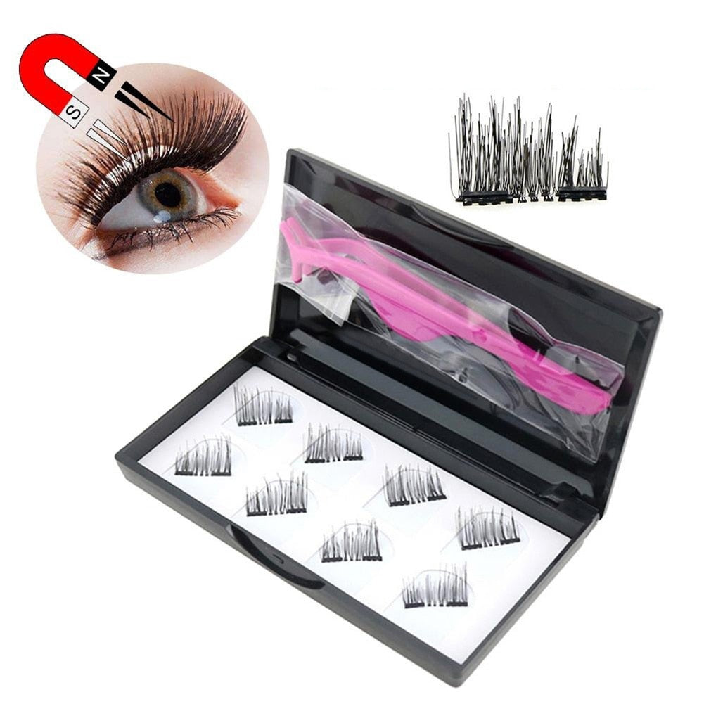 8Pcs Fashion Women Invisible Magnetic Lashes Reusable False Eyelashes Tweezers 3D Mink Lashes Thick Full Strip Eyelashes Set