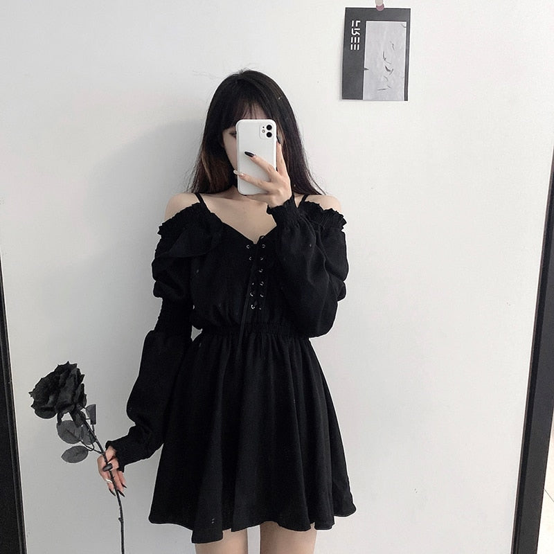 Women Dress Plus Size 4XL Lace Up Black Autumn 2020 Sexy High Waist Femme Dresses Off Shoulder Long Sleeve Gothic Clothes