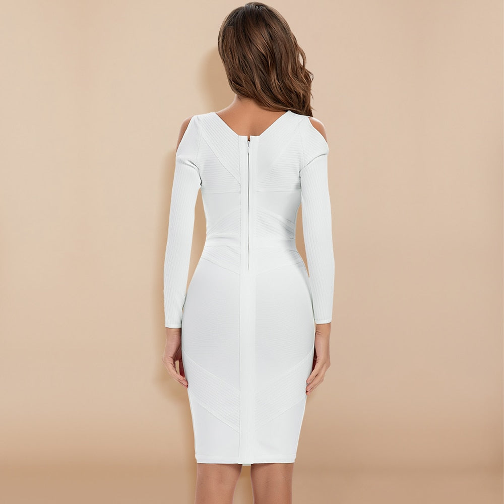 BEAUKEY New White HL Bandage Dress Long Sleeve Hollow Out 2019 Sexy Women V Neck Geometric Party Dress Plus Size XL wholesale