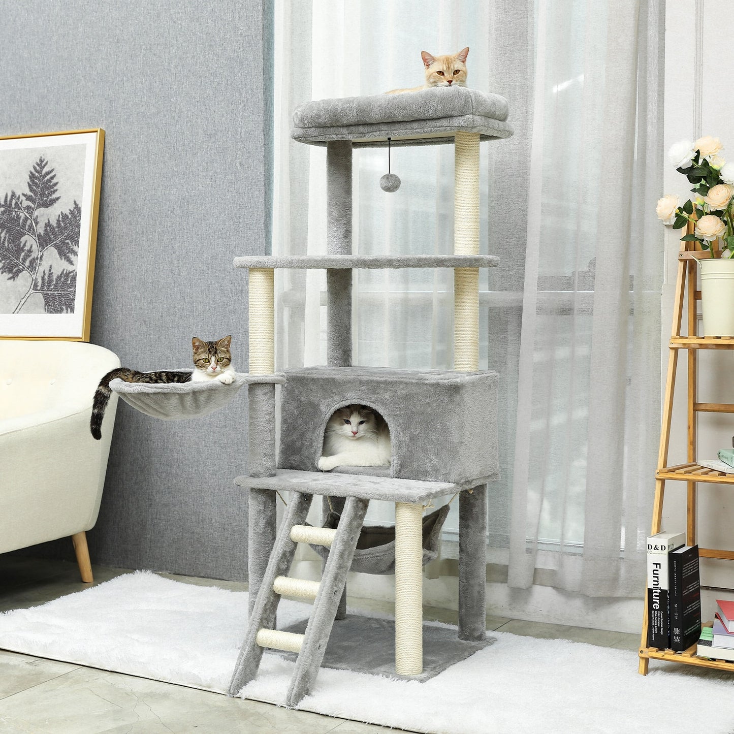 Cat Tree Towel Scratching Sisal Post Multi-Level Pet Climbing Tree with Hammock Bed Cat Ladder Extra Large Perch with Toy Ball