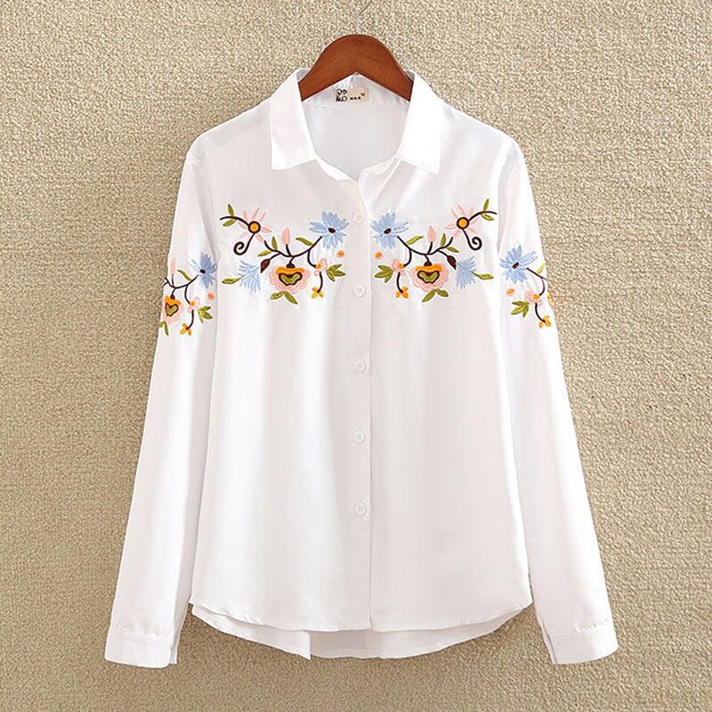 Plus size Women Clothing White Shirt Long sleeve Vintage Flower Embroidered Blouse Ladies Button Up Shirts Tops Casual 4XL 5XL