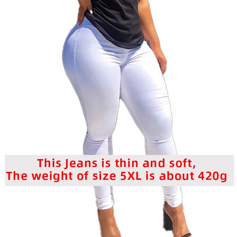 Plus Size High Waist Stretchy Skinny White Basic Casual Jeans 4XL Distressed Bodycon Pencil Denim Pants Lady Indie Trousers Jean