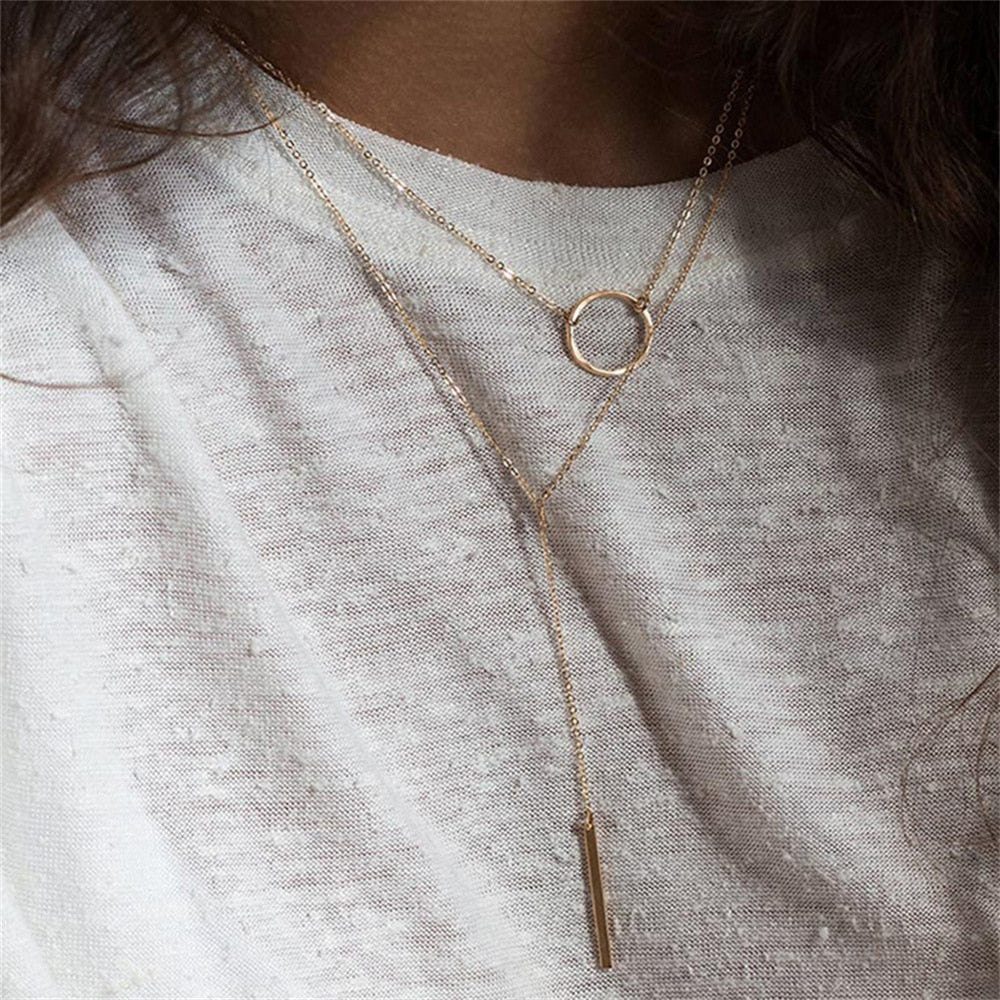 Fashion Multilevel Gold Simple Geometric Rectangle Round Sequin Pendant Necklace For Women Female Chain Collar Jewely Gift