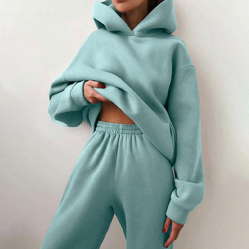 Women&#39;s Tracksuit Suit Autumn Fashion Warm Hoodie Sweatshirts Two Pieces Oversized Solid Casual Hoody Pullovers Long Pant Sets